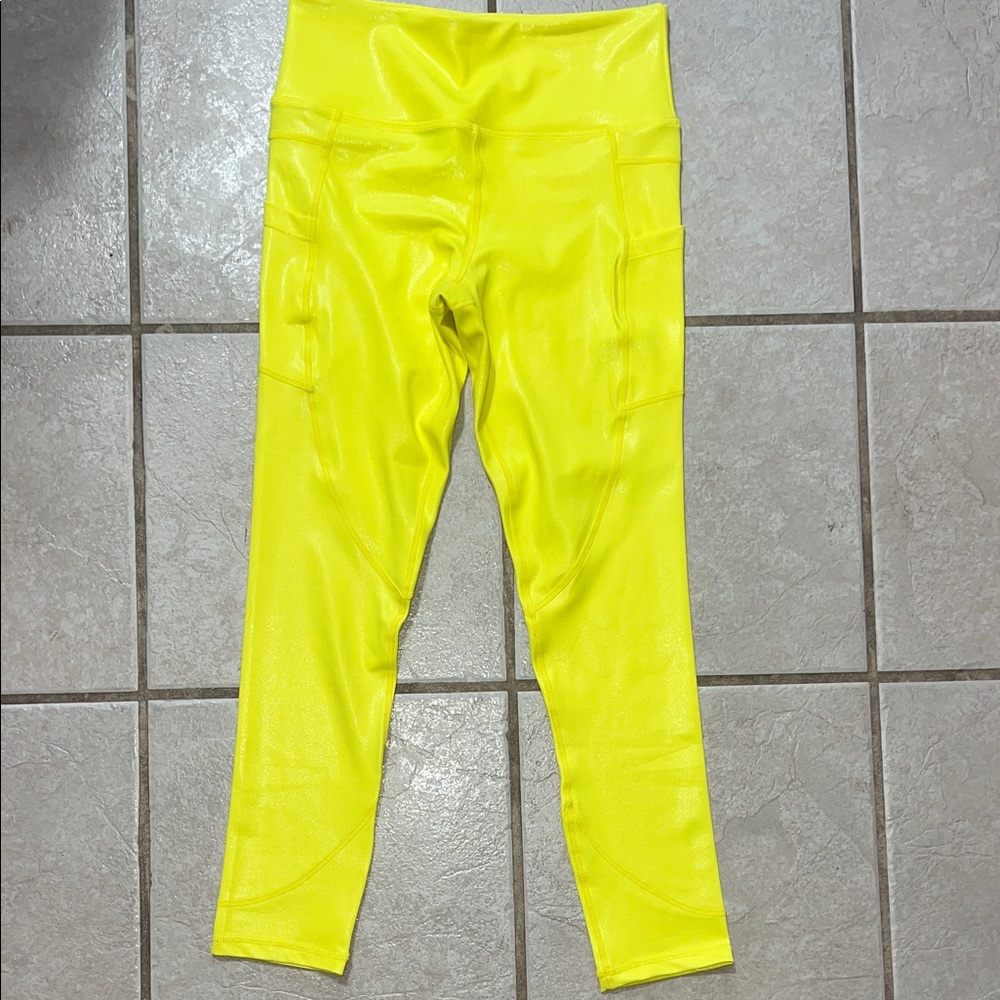 Zyia Active 6 8 Neon Yellow Shiny High Waisted Leggings Pockets On Sides Of Legs